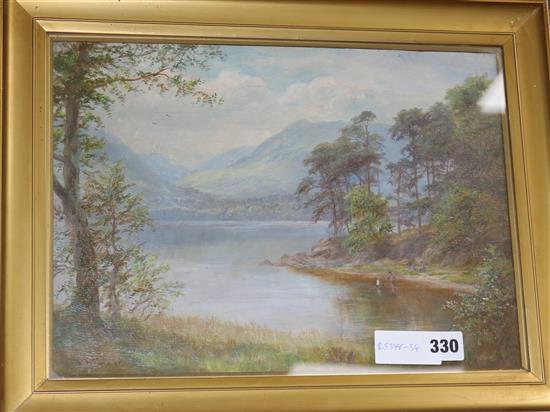 William Lakin Turner, oil on canvas, lake scene, signed 25 x 35cm.